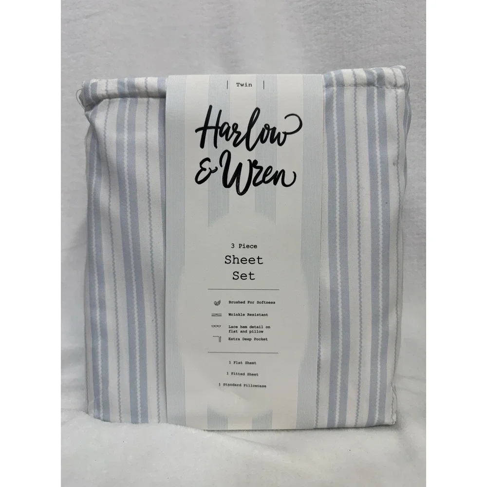 Harlow & Wren 3 Piece Sheet Set Blue White Stripes Resists Wrinkles Fits 15